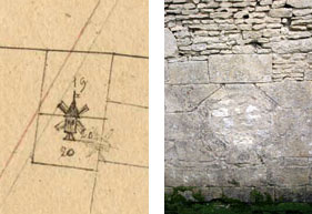 Représentation d'un moulin et emplacement de l’arbre de transmission de la roue